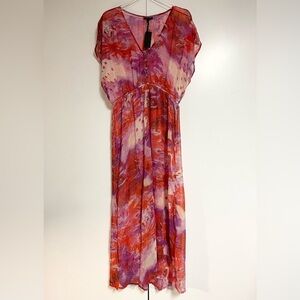 Kendall Kylie Snake Floral Chiffon Swim Coverup V Neck Long Dress Red Sz XL NEW